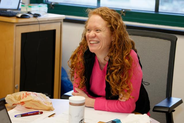 Sara Watson laughs with surprise.